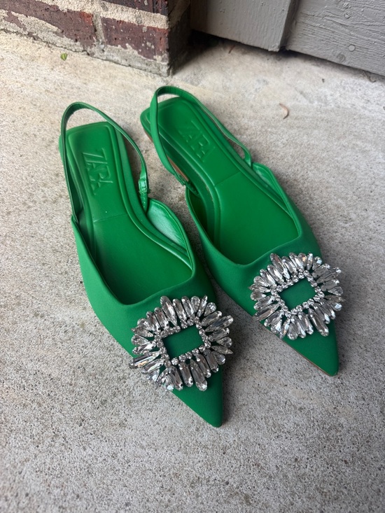 Zara Shoes - Zara Green Crystal-Embellished Pointed Slingback Flats